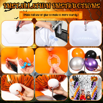 Kasyat 2 Sets Halloween Balloon Column Stand Kit with Scary Pumpkin Spider Foil Balloon Orange Purple Black Silver Arch Garland Kit for Spooky Birthday Party Halloween Theme Decoration