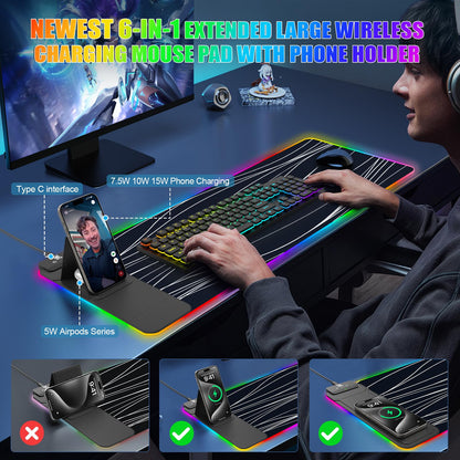 Mouse Pad with Wireless Charging, Large Desk Mat RGB Gaming Mousepad, 10 Light Colors LED Gaming Pad Keyboard Pad with Ultra-Smooth Surface & Non-Slip Rubber Base, Waterproof Full Desk Mouse Pad