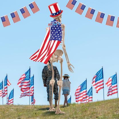 Bunnycool 4 Pcs 4th of July 12 ft Skeleton Patriotic Outfit Accessories Hat, Cape, Flag Banner, Tinsel Garland Giant Skeleton Costume Clothing for Parade Garden Lawn Outdoor Decor
