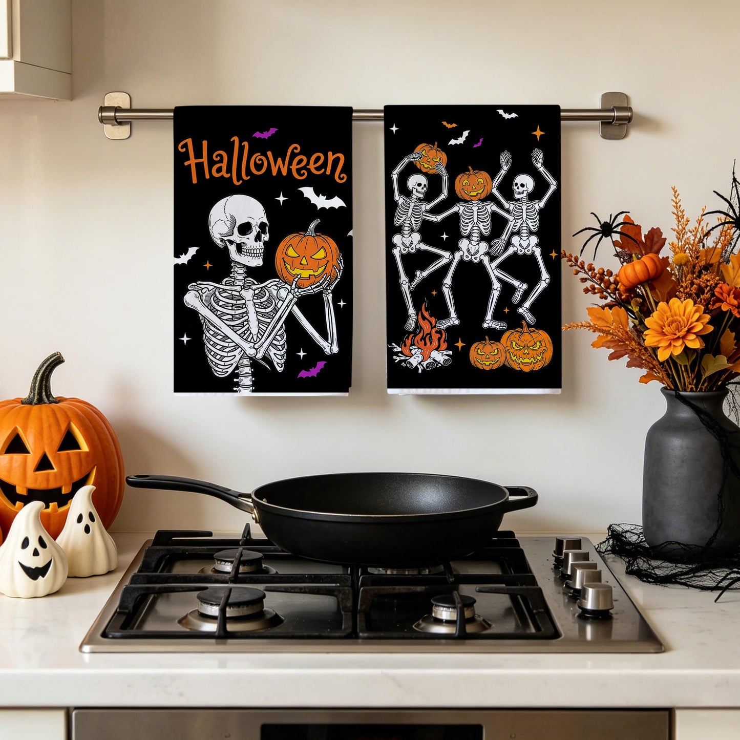 Hexagram Halloween Kitchen Towels, Skeleton Decor, Halloween Hand Towels