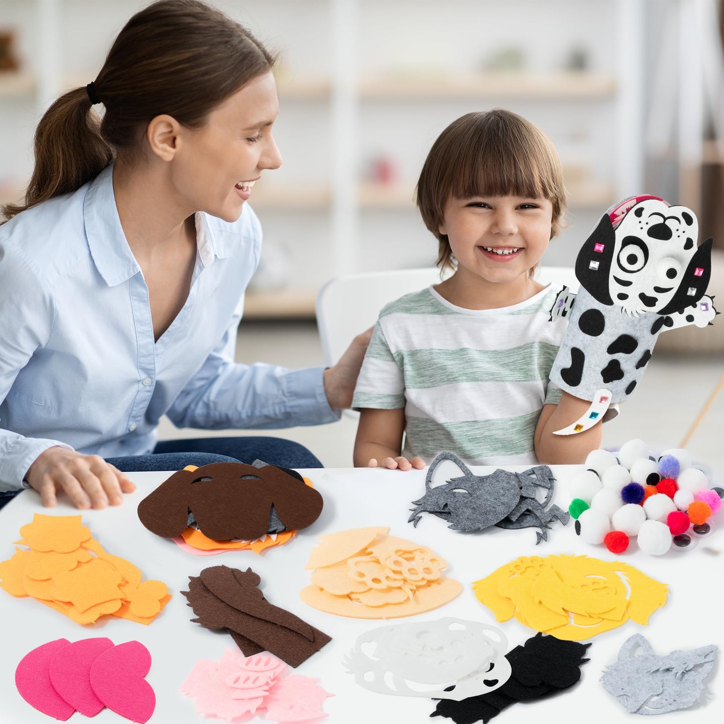 WATINC 6Pcs Hand Puppet Making Kit, Art Craft Felt Sock Puppet Toys, Creative DIY Make Your Own Pompoms Wiggle Googly Eyes Storytelling Role Play Party Supplies Gift for Girls Boys (Dog A)