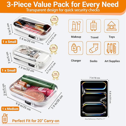 YQBRAO 6 Pack Clear Hard Shell Beauty Organizer (2M+4S), 1.2mm Crush-Proof Cosmetic Case, Reinforced YKK Zippers, Stadium Approved Security Bag for Skincare, Toiletries & Electronics, Multi-Size Set
