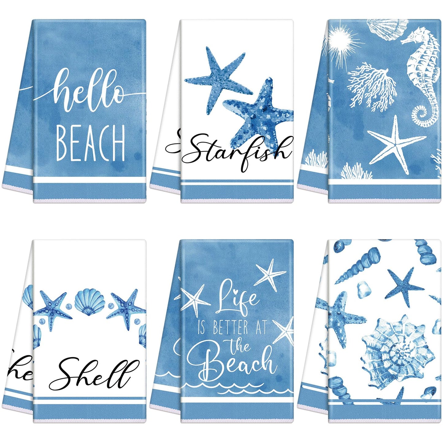 Oudain 6 Pcs Beach Kitchen Towels Ocean Coastal Hand Towel Sea Theme Nautical Starfish Shells Tea Dishcloths 24 x 16 Inches Seahorse Dish Cloths for Home Kitchen Bathroom Xmas Gifts