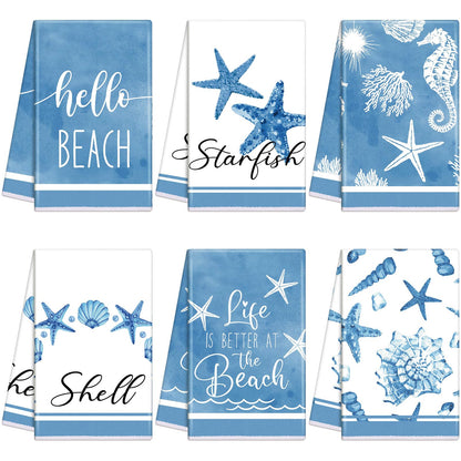 Oudain 6 Pcs Beach Kitchen Towels Ocean Coastal Hand Towel Sea Theme Nautical Starfish Shells Tea Dishcloths 24 x 16 Inches Seahorse Dish Cloths for Home Kitchen Bathroom Xmas Gifts