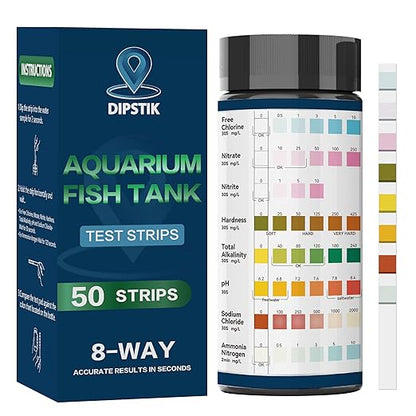 Aquarium Ammonia Test Strips, 8-Way Aquarium Test Kit for Freshwater Saltwater,50 Strips Fish Tank Pond Test Strips,Test Nitrate, Nitrite, Chlorine,Hardness,Alkalinity, Carbonate, Ph