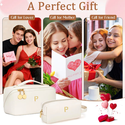 KKXIU Initial Makeup Bag for Women - Personalized Makeup Bag Gifts for Women, Travel Toiletry Bag with PU Leather, Open Flat Design with Top Handle, Cosmetic Bag Set with Multi-Pocket (Beige,P)