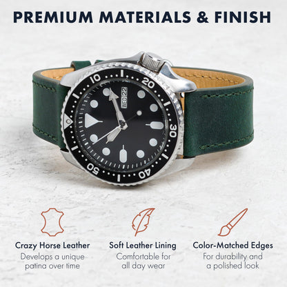 Benchmark 20mm Green Leather Watch Band - Quick Release Crazy Horse Leather Watch Strap - 20mm Leather Watch Band (20mm, Green)