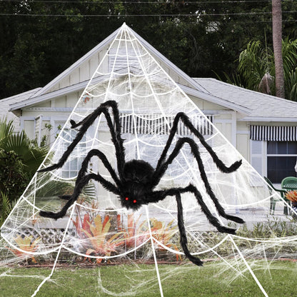 JOYIN Halloween Spider Web and 59'' Giant Spider, 16.4 x 15.7 Ft Large Triangular Web and Stretchy Cobweb 100g for Outdoor Decor, Spiderweb for Patio, Garden, Yard, Haunted House, Indoor Home Party
