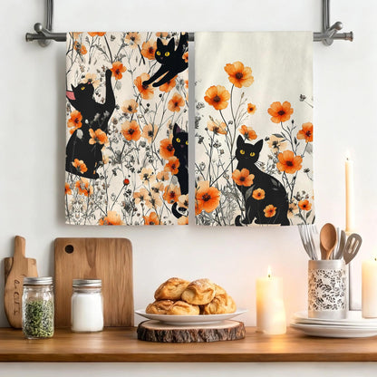 Oblivix Black Cat Dish Towels,Orange Floral Kitchen Towels Decorative Set of 2,Cute Soft Absorbent Reusable Tea Towel & Hand Towel,Black Cats Kitchen Deccor,Cat Lover Gifts for Woemen