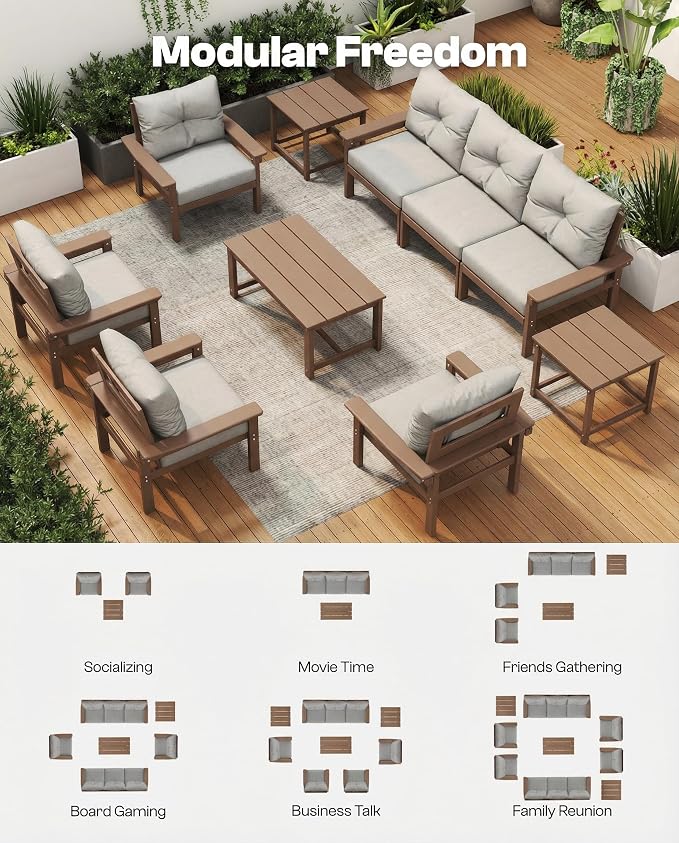 HDPE Outdoor Patio Furniture Set, 7-Piece Patio Conversation Sets with Coffee Table & Side Table & Grey Washable Thick Cushions, Outdoor Sofa for Balcony, Porch, Poolside (Teak Frame)
