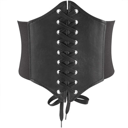 Glamorstar Corset Belt for Women Lace-up Leather Elastic Belts for Dresses Wide Tied Waspie Cincher Belts 85cm Black
