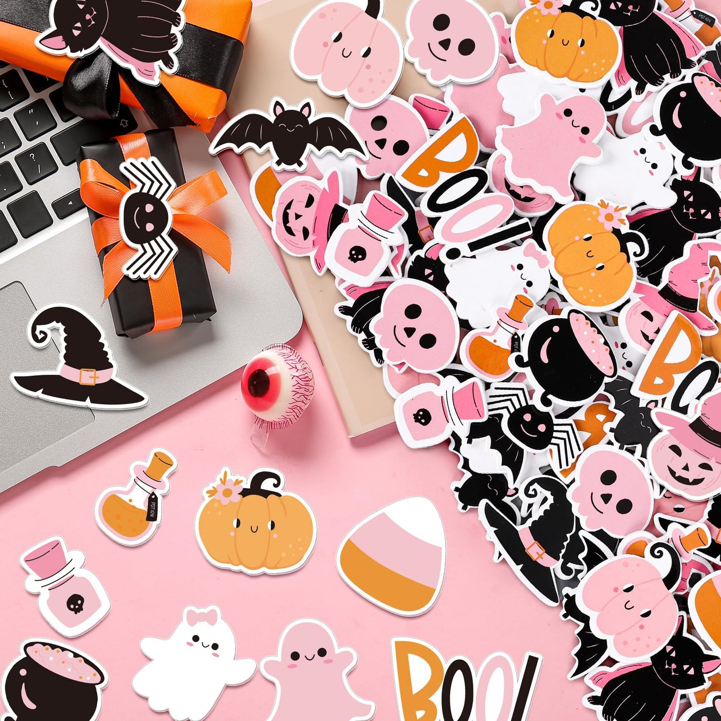 JarThenaAMCS 500Pcs Halloween Pink Foam Stickers Cute Cartoon Ghost Boo Pumpkin Self-Adhesive Sticker Decals for DIY Art Craft Birthday Baby Shower, 15 Designs