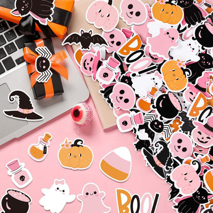 JarThenaAMCS 500Pcs Halloween Pink Foam Stickers Cute Cartoon Ghost Boo Pumpkin Self-Adhesive Sticker Decals for DIY Art Craft Birthday Baby Shower, 15 Designs