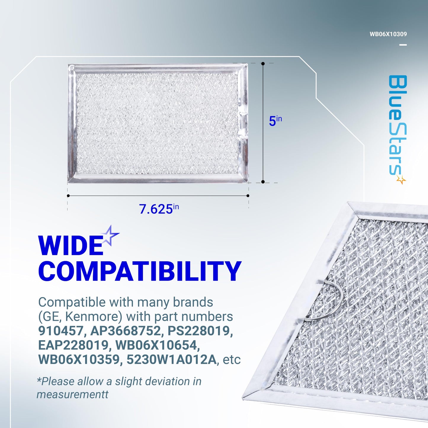 BlueStars Ultra Durable WB06X10309 WB06X10359 ME17R7021ES AA Microwave Grease Filter Replacement 7.64 x 5.12 - For G.E LG Kenmore Over-the-range Vent Hood Microwaves ME21R7051SS - 5 Packs