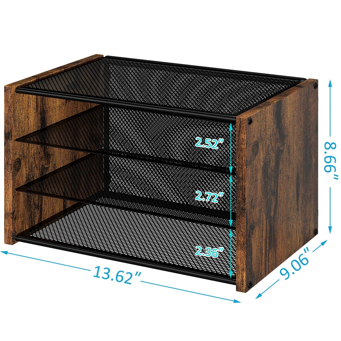 DAOUTIME 3-Tier Paper Letter Tray, Wooden Desk File Organizer, Stackable Metal Mesh Desk Organizer for Office Supplies. Small Paper Trays for Home Office School, Rustic Brown