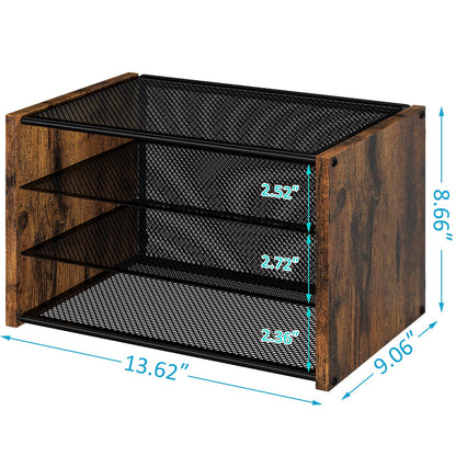 DAOUTIME 3-Tier Paper Letter Tray, Wooden Desk File Organizer, Stackable Metal Mesh Desk Organizer for Office Supplies. Small Paper Trays for Home Office School, Rustic Brown