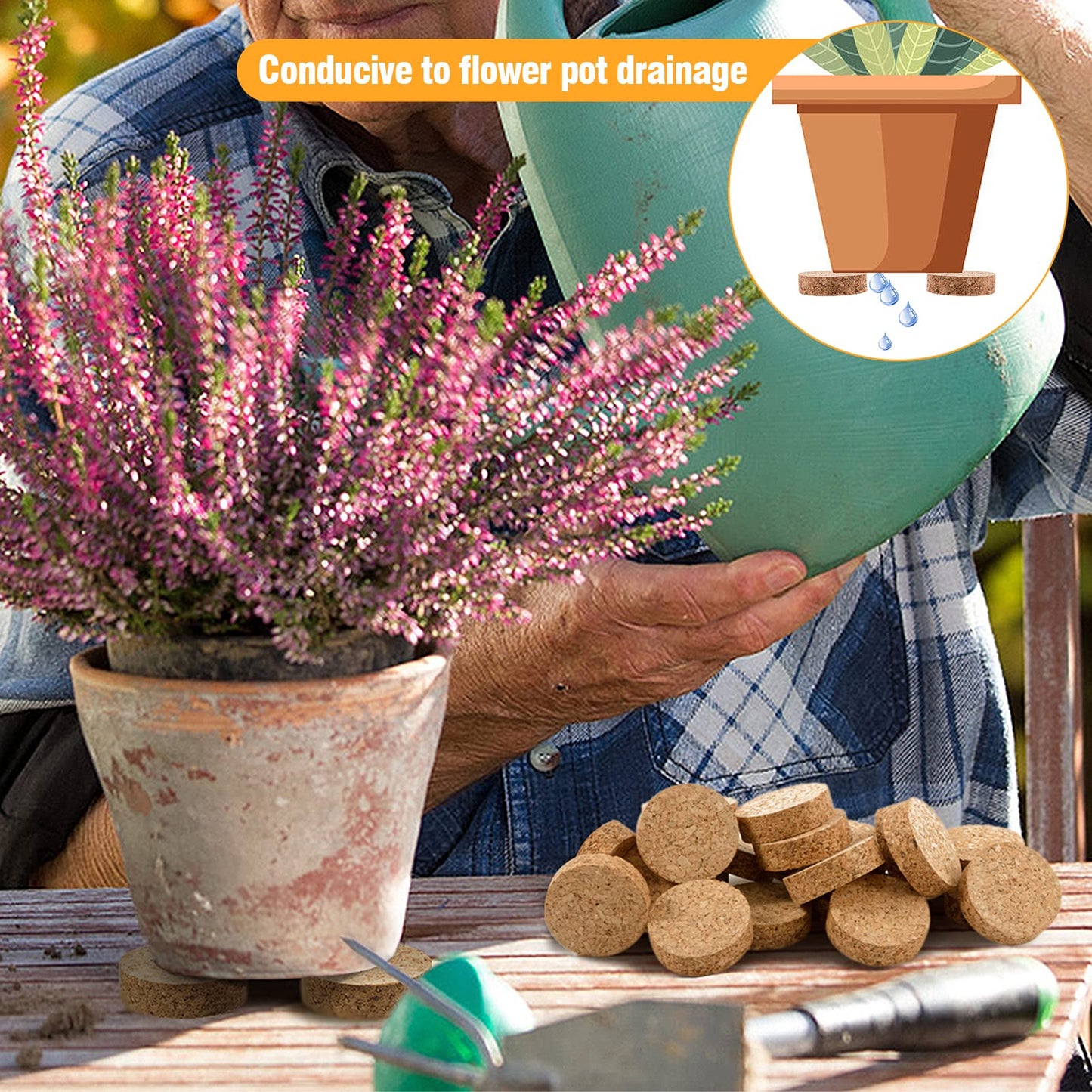 Biubee 60Pcs Invisible Pot Feet with Non-Slip Surface- Sturdy Cork Plant Riser Pot Feet for Outdoor Planter Drainage, Solid Corkwood Planter Lifter, 2" Dia