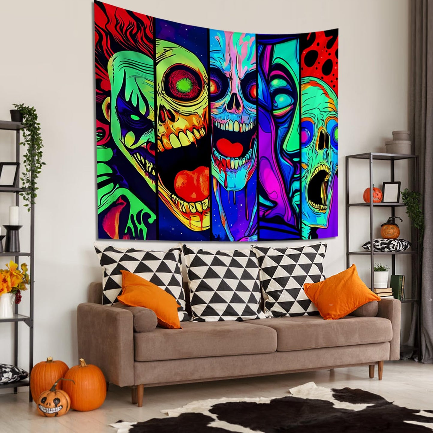 Apdidl Blacklight Halloween Horror Decor Tapestry for Bedroom, Black Light Posters Skull Face Scary Skeleton Funny Wall Art Tapestries，UV Reactive Glow in The Dark Party Wall Hanging for Living Room 60"X79"