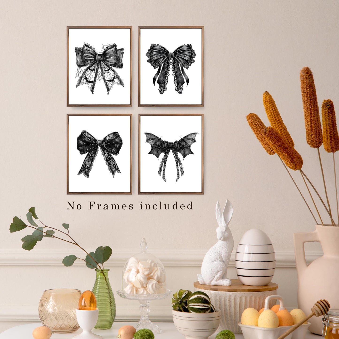 JWVK Coquette Halloween Black Lace Bow Bats Wall Art Prints Set of 4, Gothic Halloween Decor, Halloween Wall Decorations, Dark Academia Halloween Posters Wall Decor for Home Office, 8x10 Unframed