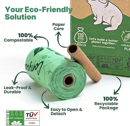 JIWON 100% Certified Home Compostable Dog Poop Bags, 120 Count (8 Rolls), 9"x13", OK Compost & Seedling, Thick & Leakproof, Plant Based Compostable Waste Bags, Unscented