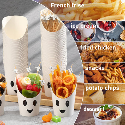 Chengu 260 Pcs Halloween Charcuterie Cups with Picks Sets 60 Pcs 14 oz French paper Appetizer Cups 200 Cocktail Pick Disposable Snack Fruit Stick for Halloween party Decor Supplies(Ghost Style)