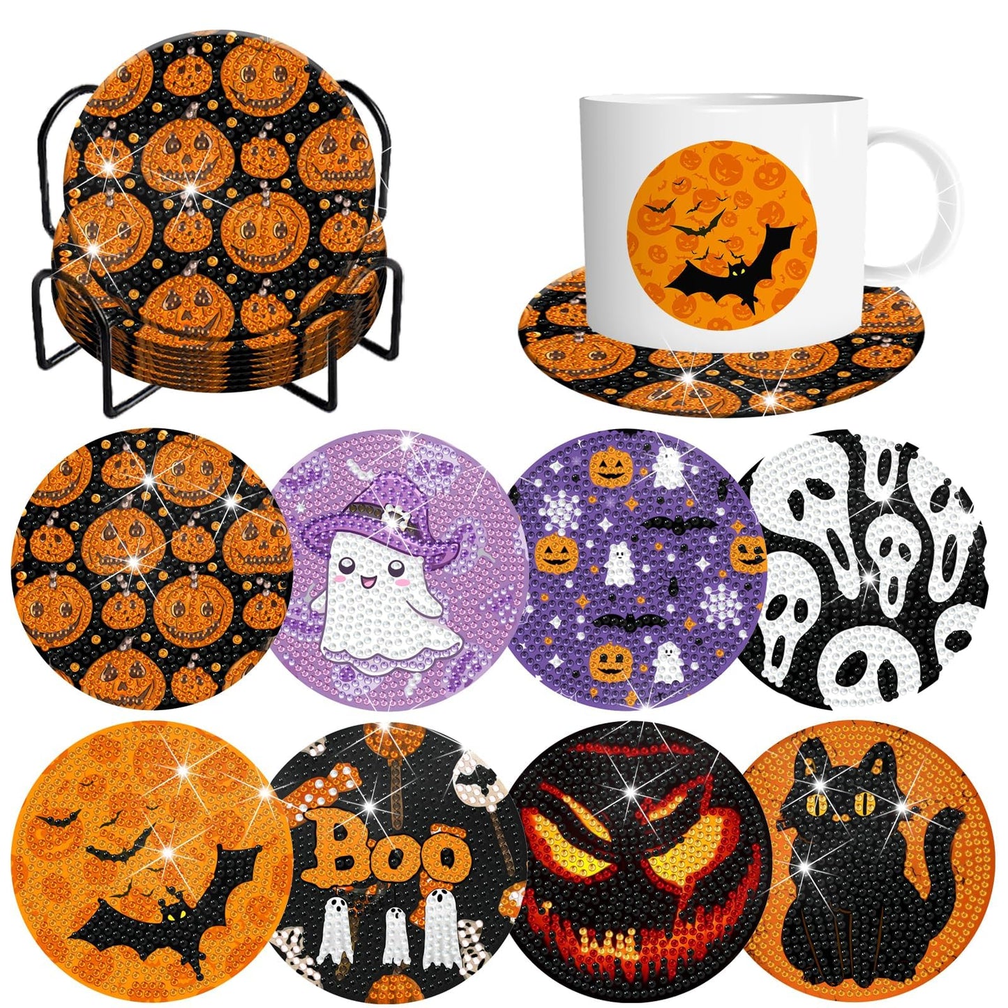 Demonwer 8 Halloween Diamond Art Coasters with Holder DIY Halloween Diamond Dot Coasters 5d Full Drill Diamond Coasters for Adults