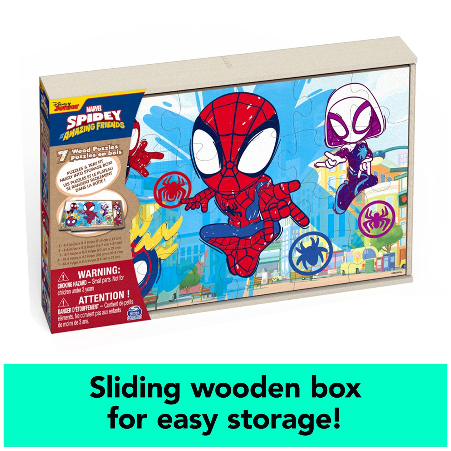 Spin Master Games, Marvel Spidey and His Amazing Friends Puzzles 7-Pack, Jigsaw Kids Puzzles with Sliding Wood Storage Box, Spiderman Toys, for Kids Ages 4 & Up