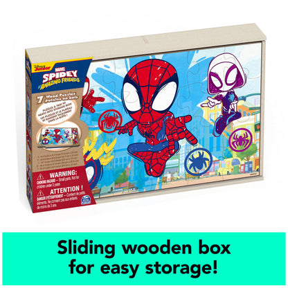 Spin Master Games, Marvel Spidey and His Amazing Friends Puzzles 7-Pack, Jigsaw Kids Puzzles with Sliding Wood Storage Box, Spiderman Toys, for Kids Ages 4 & Up