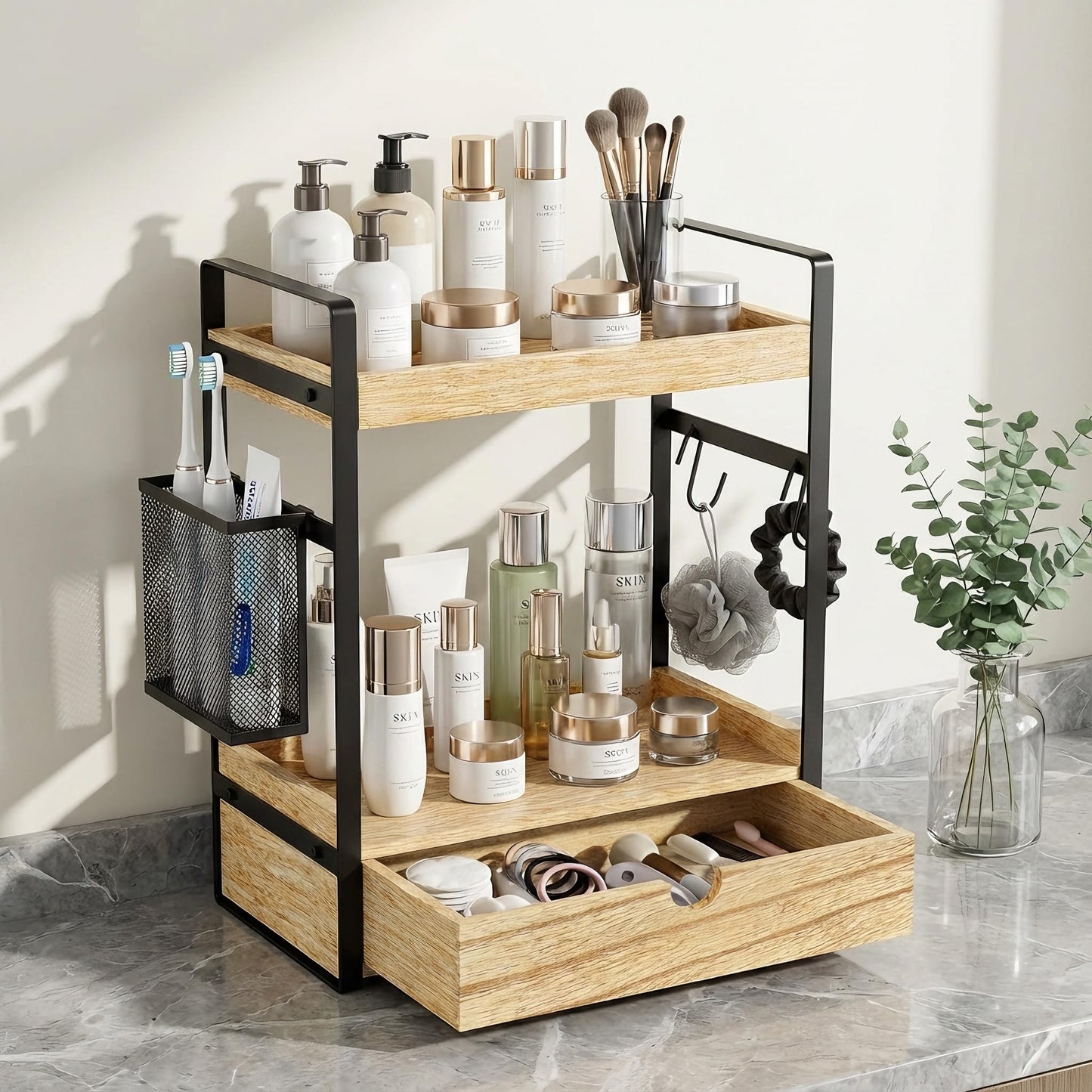 2-Tier Bathroom Counter Organizer with Drawer Basket and Hooks, Wood Bathroom Organizers and Storage for countertop, Farmhouse Brown Countertop Organizer, Counter Shelf for Vanity, Kitchen, Office
