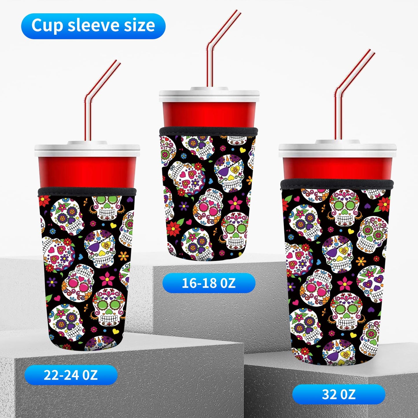 AUEKLLW 3 Pack Reusable Neoprene Insulator Sleeve for Iced Coffee Cups, Funny Coffee Cup Sleeves for 16-32oz Coffee cups, Cute Drink Sleeve for Cold Hot Beverages Cute Floral Skull