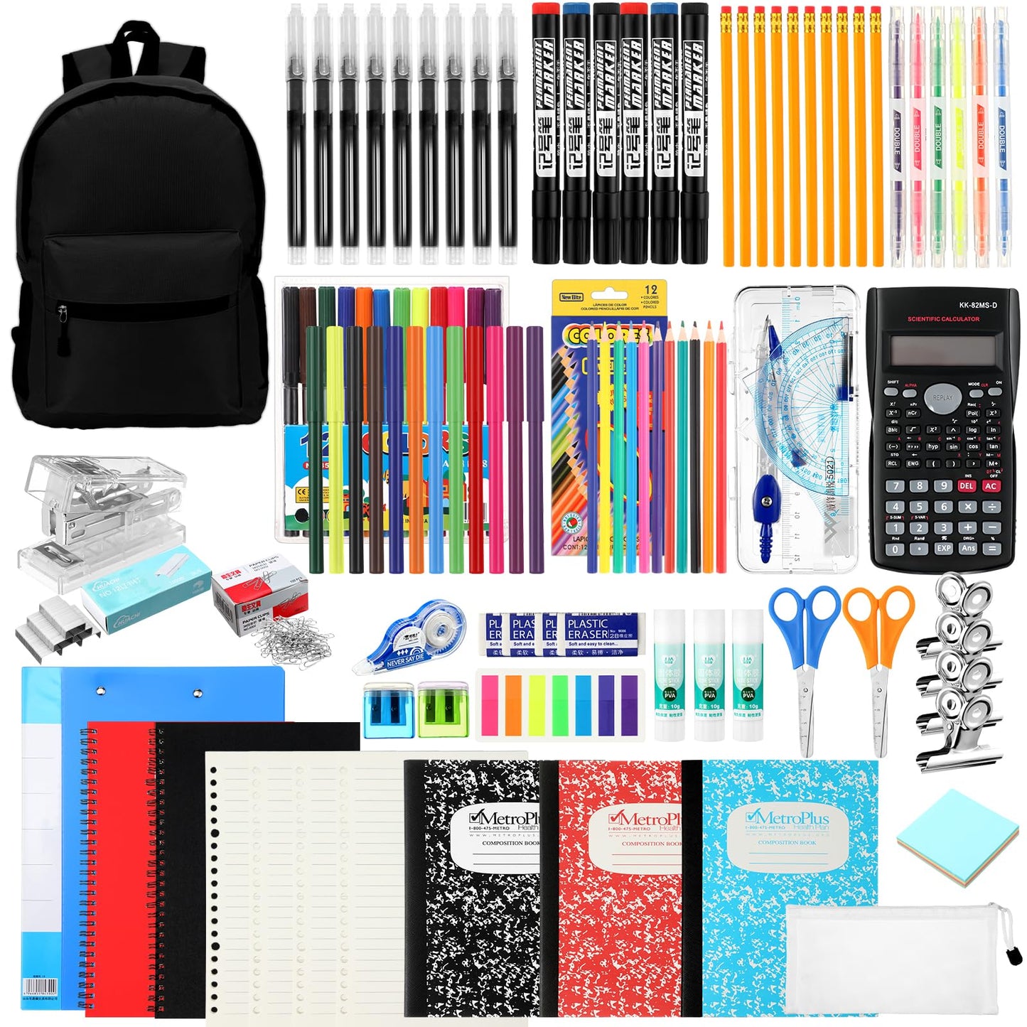 Gilprop 81 Pcs School Supply Kit with Backpack Back to School Supplies Bundle Bulk School Essentials for Elementary Middle High School Students Includes Folders Notebooks Pencils and More(Black)
