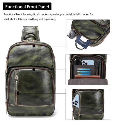 LANNSYNE Vegetable Tanned Leather Sling Bag For Men, Crossbody Chest Daypack fits 12.9" iPad