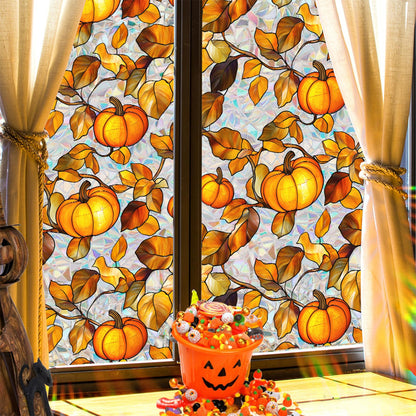 Niviy Pumpkin Thanksgiving Halloween Fall Window Clings, Stained Glass Window Film for Windows Autumn Clings Autumn Home Office Decorations for Indoor Outdoor (16.93 x 39.37inch)