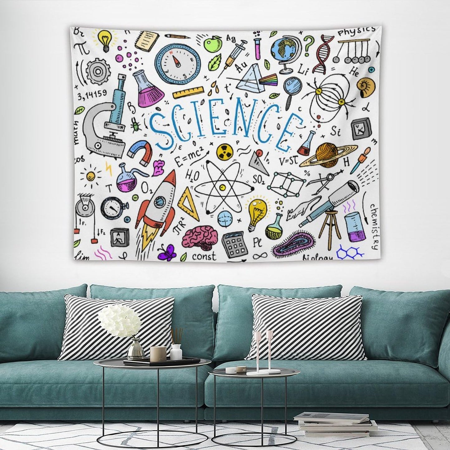 DDCBNS Science Ideas Wall Hanging Tapestry,Physics Chemistry Geometric Pattern School Decor Tapestries,Boys Girls Kids Funny Educational Tapestry for Study Classroom Bedroom Living Room 80" x 60"