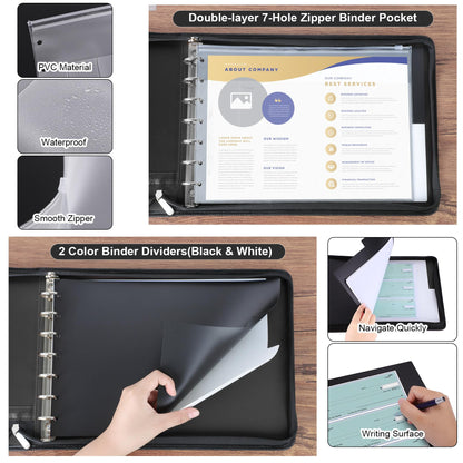 Antner Zippered 7 Ring Business Checkbook Binder Portfolio for 3-on-a-Page Business Checks, 600 Checks Capacity, PU Leather Check Book Binder Cover with Zipper Pouch & Dividers for 9x13 Sheets, Black