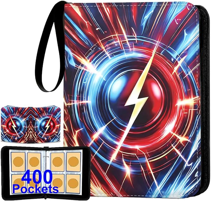 Card Binder 4 Pocket, 3 Ring Binder Holds 400 Cards for Card Collectors, Water-Resistant PU Cover with Zipper Closure for TCG, MTG & Sports Cards