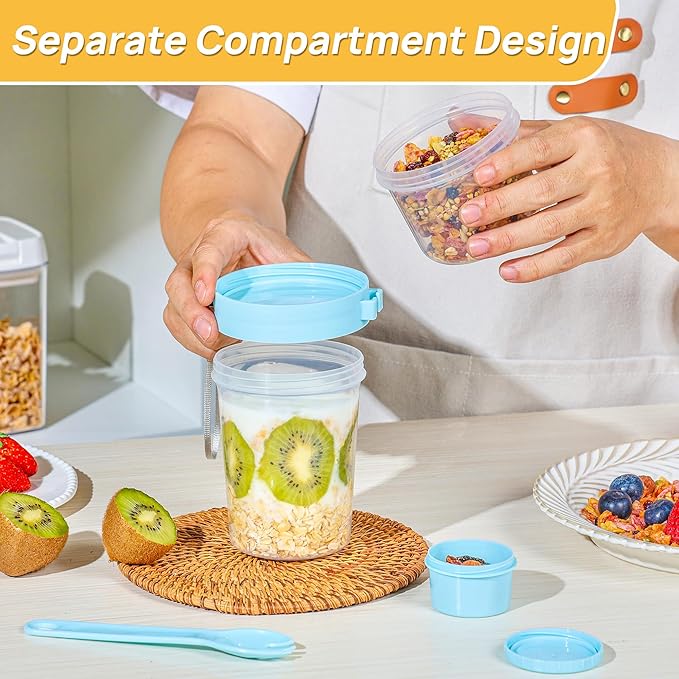 Vtopmart 4 Pack 27oz Yogurt Parfait Cups with Lids and Spoons, Overnight Oats Containers, Reusable Topping Compartment for Breakfast with Yogurt, Cereal or Oatmeal On-the-Go