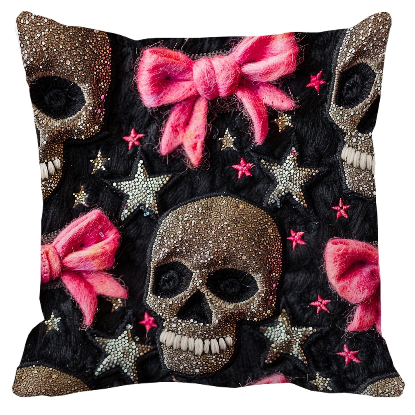 Leaveland Coquette Skull Faux 3D Embroidery Glitter Print 18x18 Inch Throw Pillow Cover Pink Bow Girly Gothic Decorative Cushion Case Fall Halloween Home Decor Daughter Sister Girl Her Gift Pillowcase