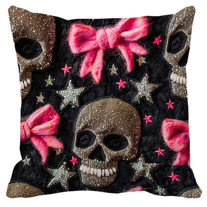 Leaveland Coquette Skull Faux 3D Embroidery Glitter Print 18x18 Inch Throw Pillow Cover Pink Bow Girly Gothic Decorative Cushion Case Fall Halloween Home Decor Daughter Sister Girl Her Gift Pillowcase
