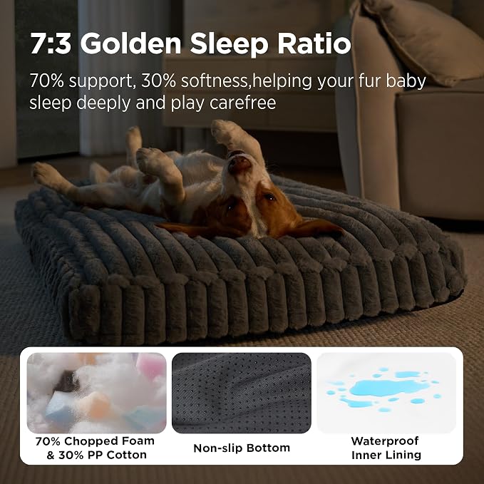 Bedsure ComfyFleece™ Fluffy Plush XXL Dog Bed Crate Pillow 47x29 Grey | Aesthetic Crate Bed for Balanced Support Cute Chopped Foam Pad with Removable Washable Cover Non-Slip Waterproof Cozy Pet Mat