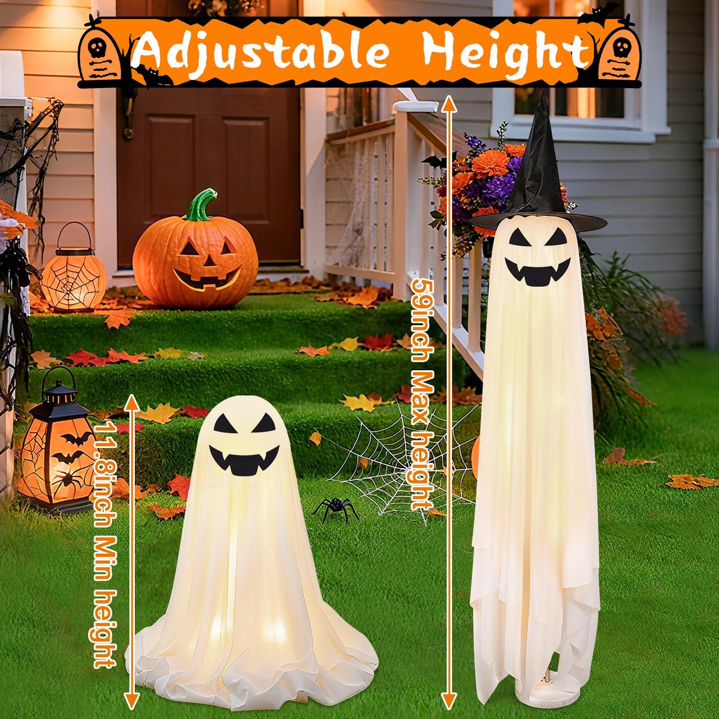 Bensbl 2Pcs Outdoor Ghost Decorations Light Up Standing Ghosts with String Lights 3 Expressions and 2 Witch Hats for Front Porch Yard Lawn Haunted House Decor