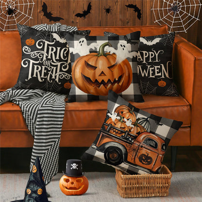 MODOVOS Halloween Pillow Covers 18x18 Set of 4 Buffalo Plaid Spooky Ghost Pumpkin Truck Halloween Decorations Trick or Treat Throw Pillow Covers Spider Web Bat Cushion Case for Sofa Couch