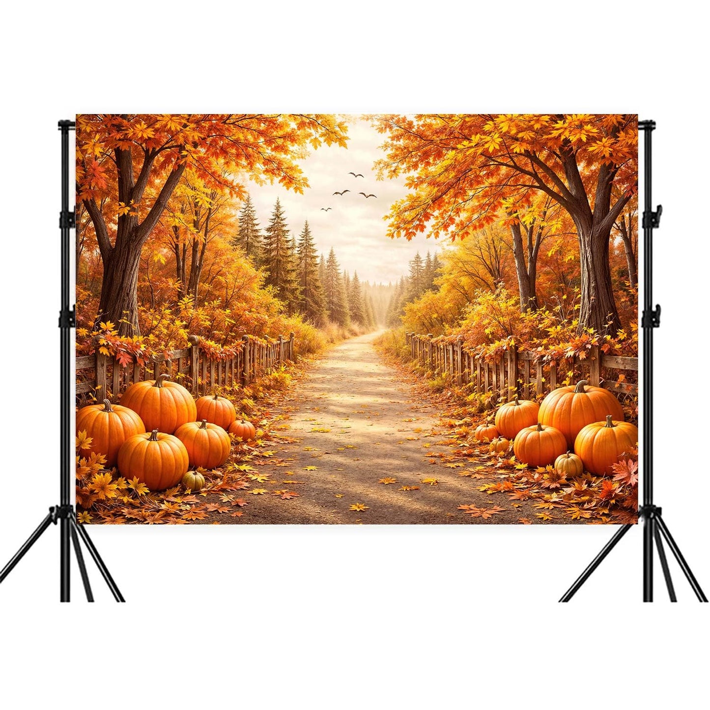 Bondjos Fall Photography Backdrop, Fall Pumpkin Rustic Country Road Maple Leaf Forest Photo Backdrop,Vibrant Photoshoot Backdrop, Photo Booth Background for Autumn Thanksgiving Halloween Party Decor