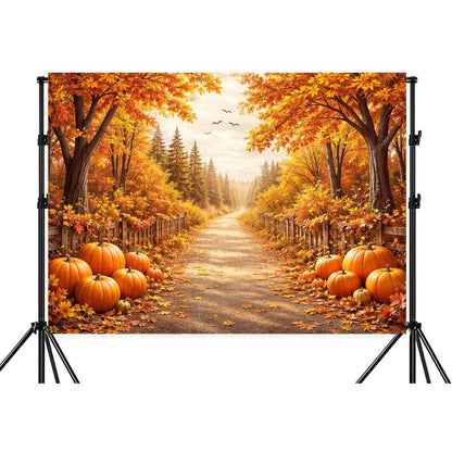 Bondjos Fall Photography Backdrop, Fall Pumpkin Rustic Country Road Maple Leaf Forest Photo Backdrop,Vibrant Photoshoot Backdrop, Photo Booth Background for Autumn Thanksgiving Halloween Party Decor