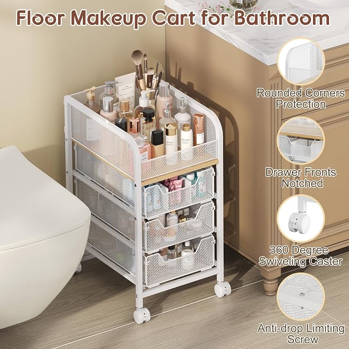 Hongtamoya Rolling Makeup Cart Organizer with 3 Drawers, Narrow Floor Skincare Organizers, Cosmetics Display Cases Vanity Organizer for Skin Care Nail Polish Perfume Makeup Brush, White