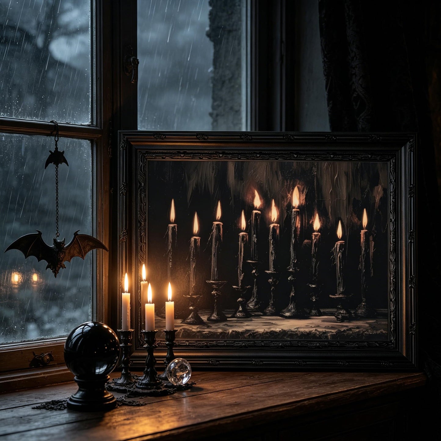 Framed Halloween Candle Canvas Wall Art,Dark Moody Painting Picture Wall Decor,Gothic Poster Print Art,for Bathroom Living Room Gallery Home Decoration 9x11in