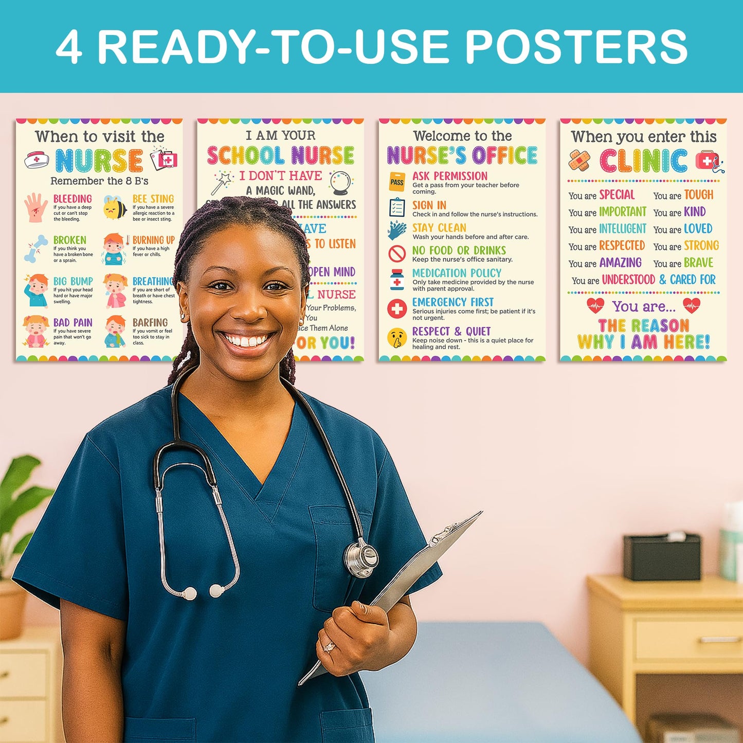 Lalunia 4 Pcs School Nurse Poster - 11"x16", When You Enter This Clinic, Health Office Posters for Office Bulletin Board Decorations, Education Back to School Nurses Supplies