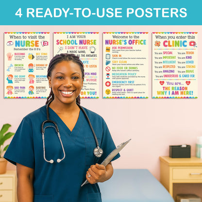 Lalunia 4 Pcs School Nurse Poster - 11"x16", When You Enter This Clinic, Health Office Posters for Office Bulletin Board Decorations, Education Back to School Nurses Supplies