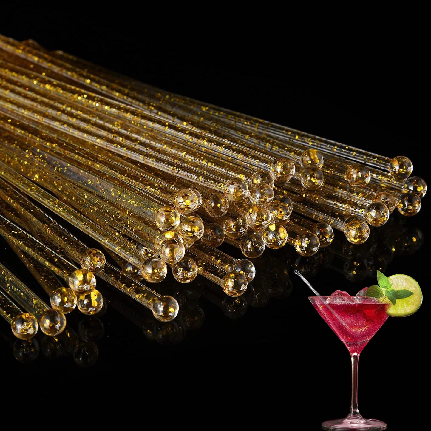 Ball Head Stirrer Disposible Plastic Round Top Crystal Swizzle Sticks, Crystal Cake Pops, Cocktail Coffee Drink Stirrers 100 Pieces (Clear Gold Glitter)