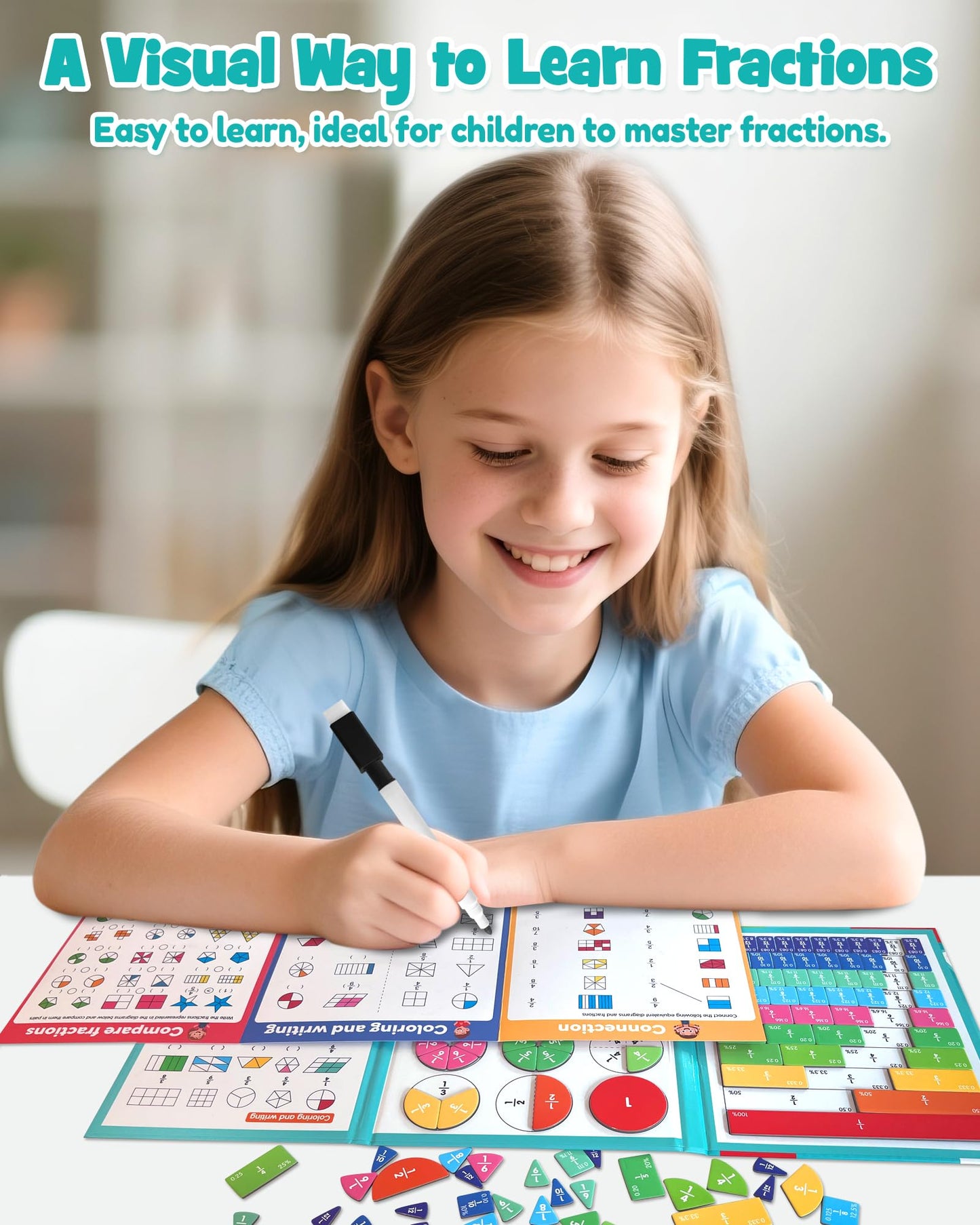 FADAWU Magnetic Fraction Educational Puzzle, Magnetic Fraction Demonstration Book with Fraction Tiles & Circles, Montessori Fraction Manipulatives for Elementary School, Maths Learning Toys for Kids